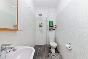 A narrow bathroom with a white bathtub, a toilet, and a glass shower enclosure.