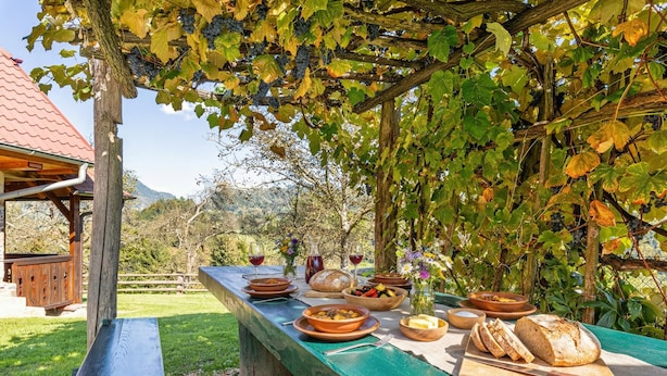 Een picknicktafel gedekt met eten en drinken, omringd door een houten pergola met wijnranken.