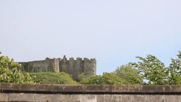 A historic stone castle with multiple towers and crenellations, surrounded by greenery and a low stone wall in the foreground.