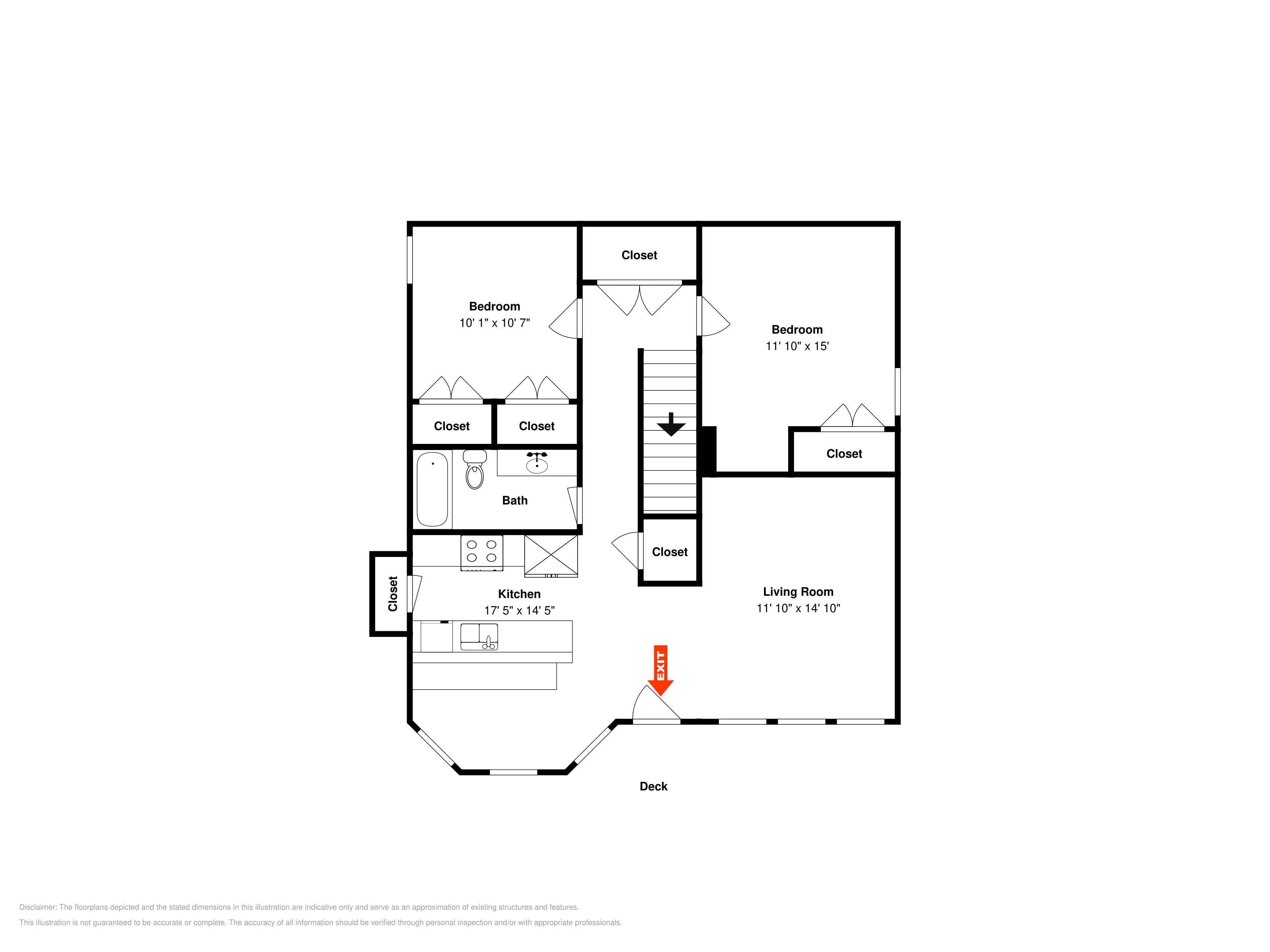 A floor plan with a bedroom, bathroom, kitchen, and living room, each with closets.