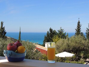 Une table avec un saladier rempli de fruits et un verre de jus d’orange, donnant sur une vue de la côte.