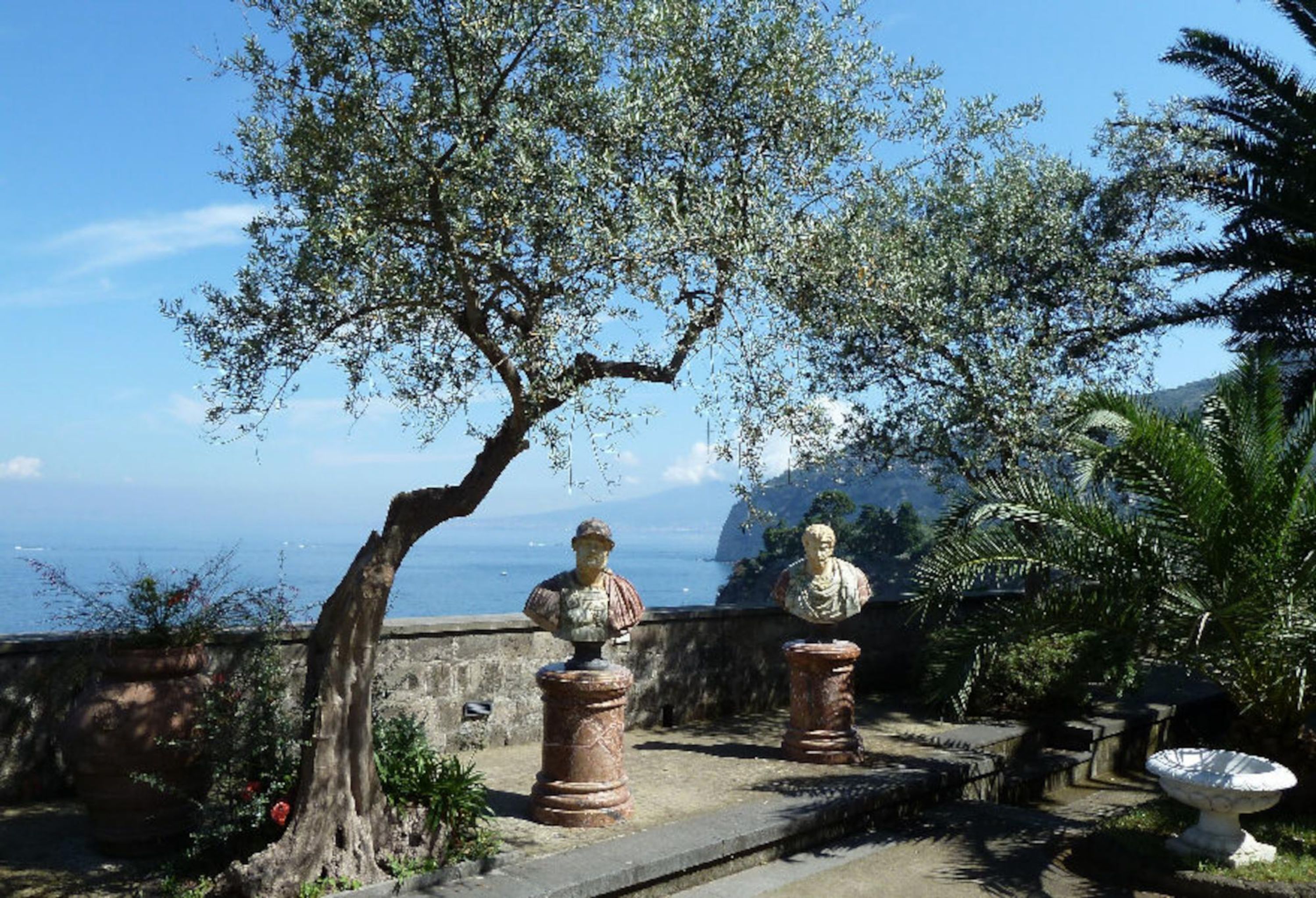 A coastal garden with sculptures on pedestals, a large tree, and a view of the sea.