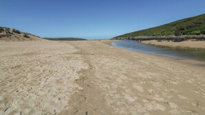 Ein weiter Sandstrand mit sanften Wellen, wolkenlosem Himmel und grünen Hügeln im Hintergrund.