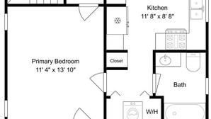A floor plan of a deck area with a living room, dining area, kitchen, primary bedroom, and bathroom. - Beach Rays by Ryson Vacation Rentals (Galveston)