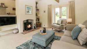 Una sala de estar acogedora con chimenea, asientos cómodos y una estantería.