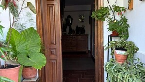 Una puerta que da a una habitación con suelo de baldosas, rodeada de plantas en macetas.