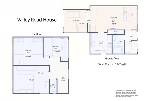 A floor plan of a house with two bedrooms, a living room, a kitchen, and a bathroom. - Valley Rise By My Getaways Free Parking (Brighton)