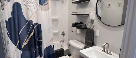 Hair dryer, towels, toilet paper