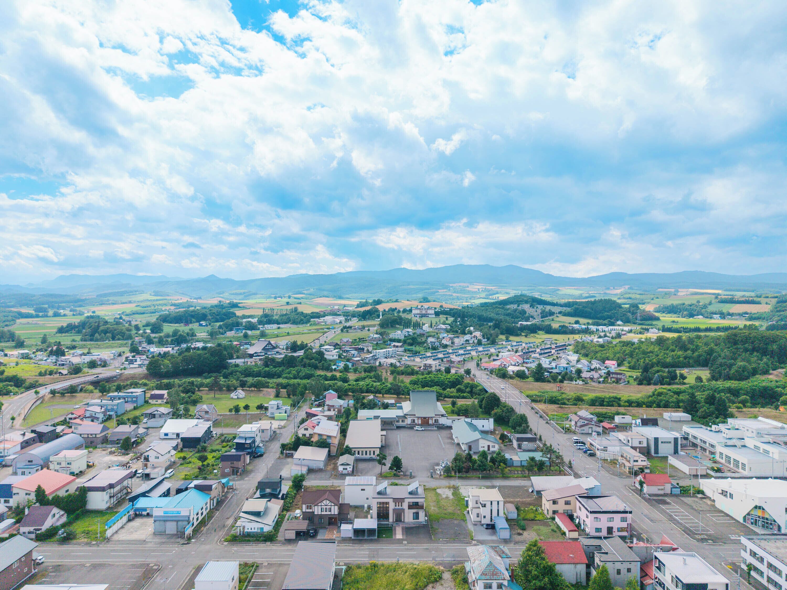 An aerial view of a small town with a mix of residential and commercial buildings, roads, and green fields.