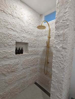Regadera, secadora de cabello, bidet, toallas