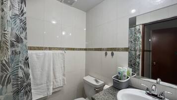 Shower, hair dryer, towels, soap