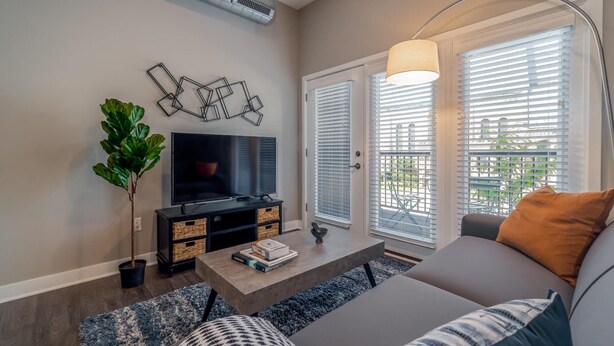 A living room with a flat-screen TV, a coffee table, a sofa, a floor lamp, and a potted plant. - Des Moines Alluring 2BD 2BA Downtown Apartment (Des Moines)