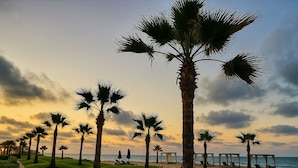 A beachfront setting with palm trees, a pathway, and beach chairs. - Escape to serenity in Porto Said’s finest chalets (Port Said Governorate)