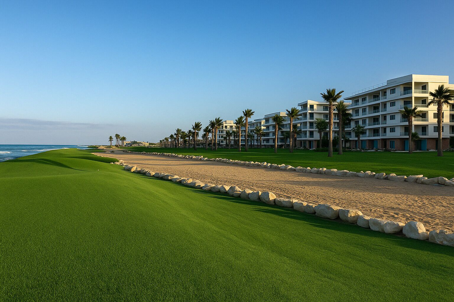 A golf course with a sandy area, green grass, and a building with multiple floors and balconies.