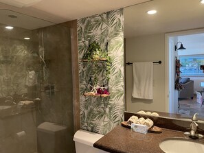 Shower, hair dryer, towels, toilet paper