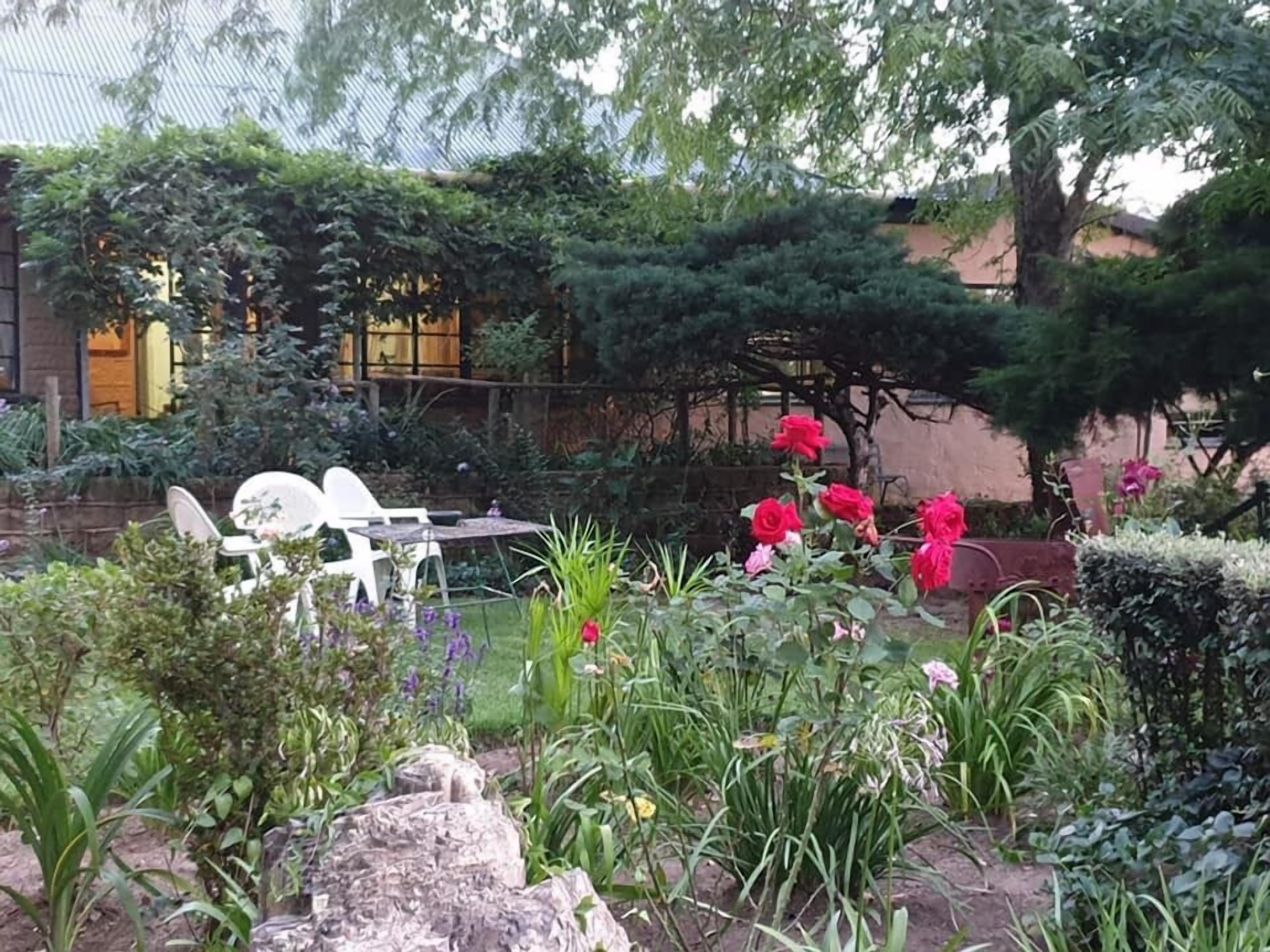 A garden with a table and chairs, surrounded by various plants and flowers.