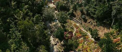 An aerial view of a resort with a swimming pool, a waterfall, and dense tropical vegetation.