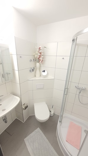 Shower, hair dryer, soap