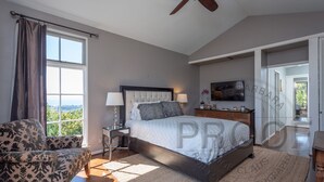 A bedroom with a large bed, a ceiling fan, a TV, and a view of the outdoors.