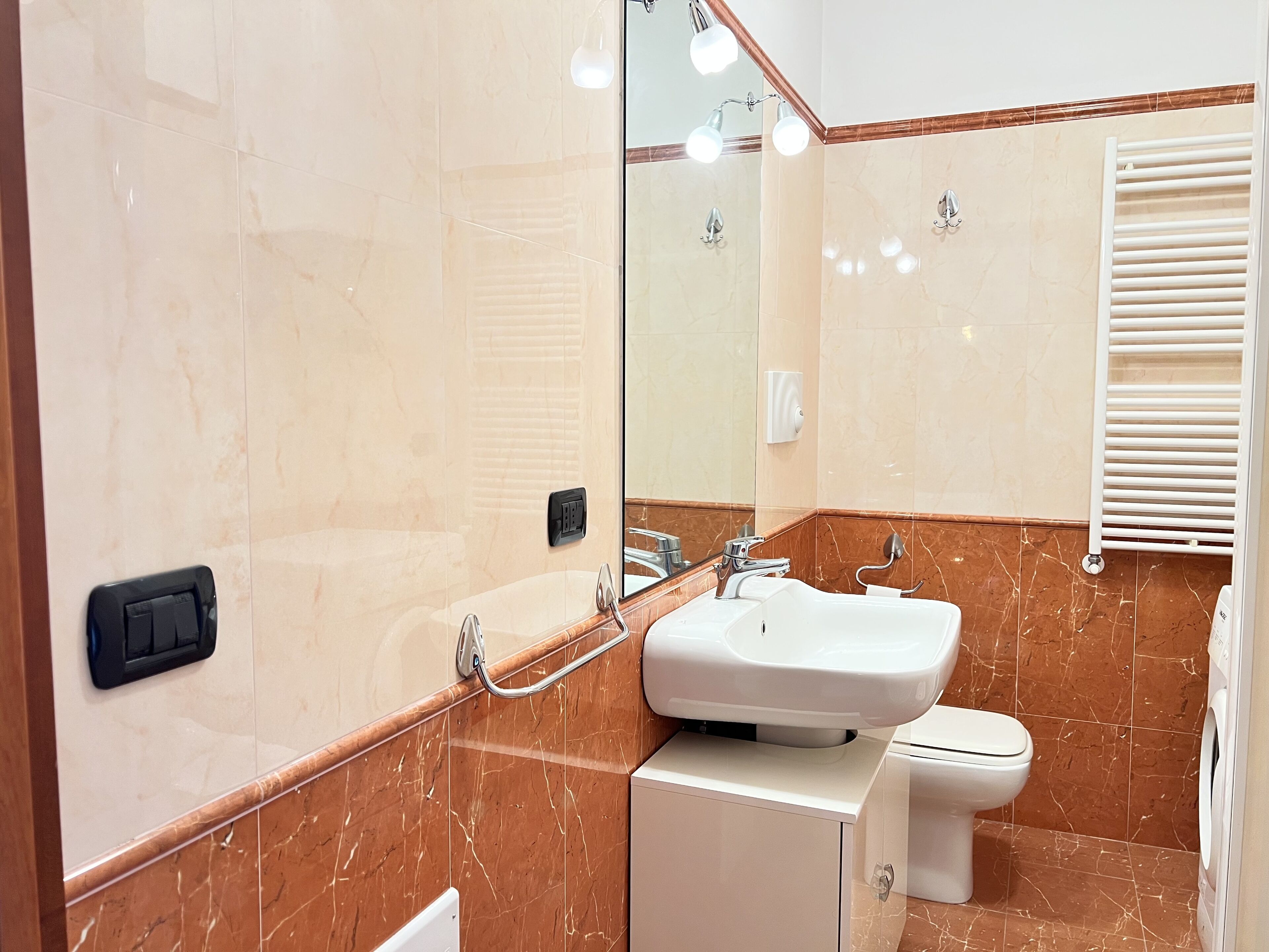 A bathroom with a sink, toilet, and a mirror.