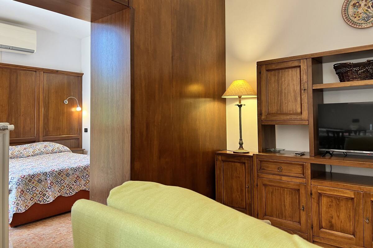A bedroom with a bed, a sofa, wooden cabinets, a lamp, and a television.