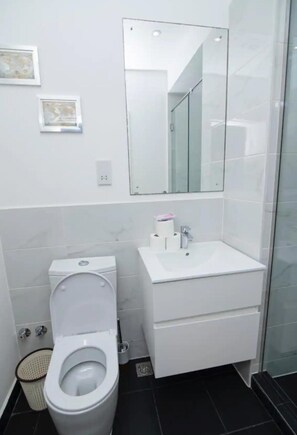 Regadera, toallas, jabón, shampoo