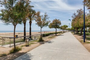 Un sendero empedrado con bancos, árboles y vistas a la playa.
