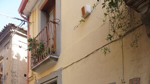 Un edifici amb botiga, un balcó ple de plantes, una porta i una finestra amb una planta en test.