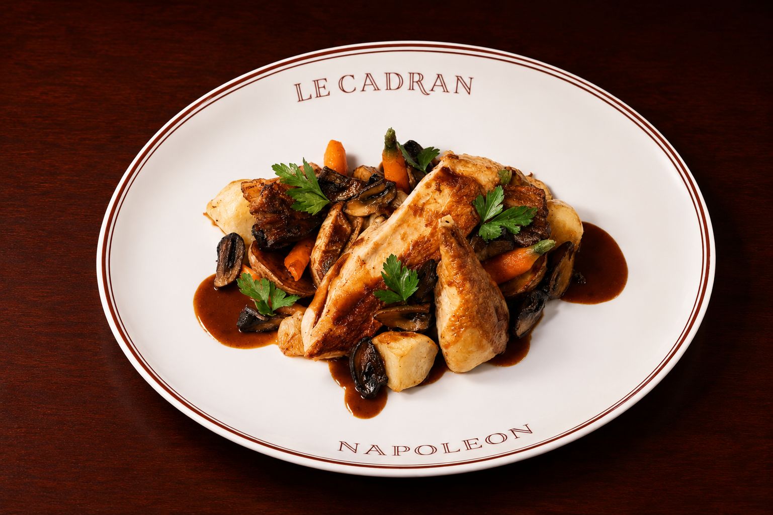 Un plato de comida con una etiqueta que dice 'LE CADRAN NAPOLEON'.