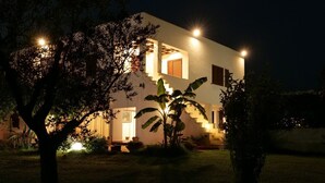 Une maison moderne à deux étages, dotée d’un escalier menant à l’étage supérieur, entourée d’arbres et éclairée par des lampes extérieures.