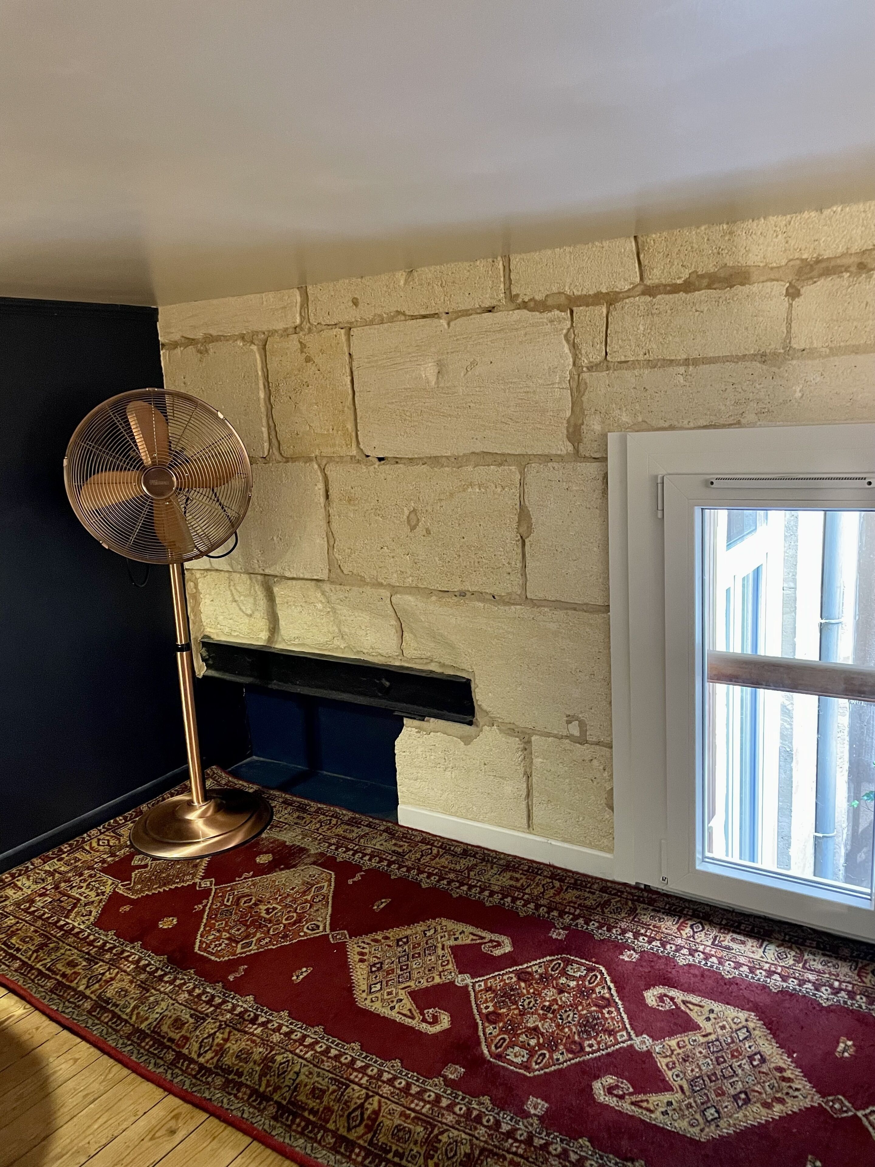 Une pièce avec une moquette rouge à motifs, un ventilateur sur pied, un mur en pierre et une fenêtre avec des stores.