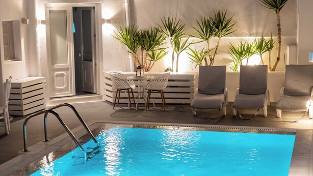 Un espace piscine avec une piscine à l’eau cristalline, des chaises longues et des plantes en pot.