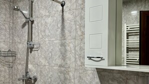 Une salle de bain équipée d’une douche, d’un lavabo et d’un miroir avec un porte-serviettes.