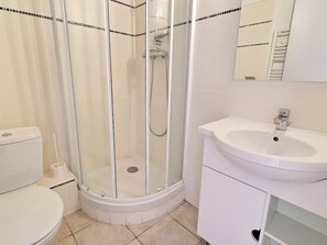 A bathroom with a shower enclosure, toilet, sink, and mirror.