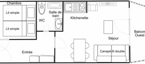 A hotel layout with a simple bedroom, bathroom, kitchenette, balcony, sitting area, and double room.