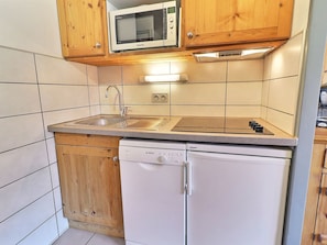 A compact kitchen with wooden cabinets, a built-in microwave, a sink, and a dishwasher.