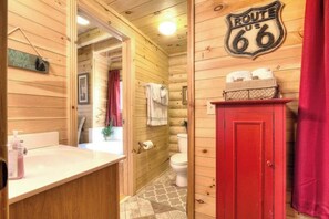 Shower, hair dryer, shampoo