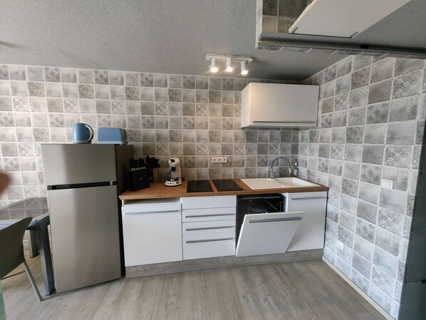 Fridge, stovetop, dishwasher, coffee/tea maker