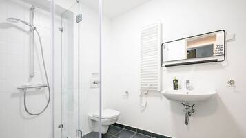 A modern bathroom with a glass shower enclosure, a toilet, and a sink with a mirror above it.