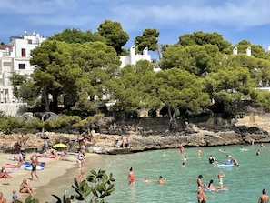 Une plage où l’on peut se baigner et bronzer, entourée d’arbres et de bâtiments.