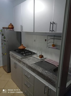 Fridge, oven, stovetop, cookware/dishes/utensils