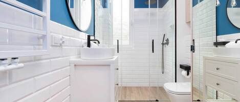 Shower, hair dryer, towels, shampoo
