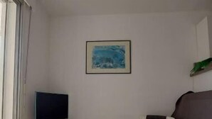 A small, sparsely furnished room with a television, a small table, a sofa, and a painting on the wall. - Logement Front de mer à Port Leucate (Leucate)
