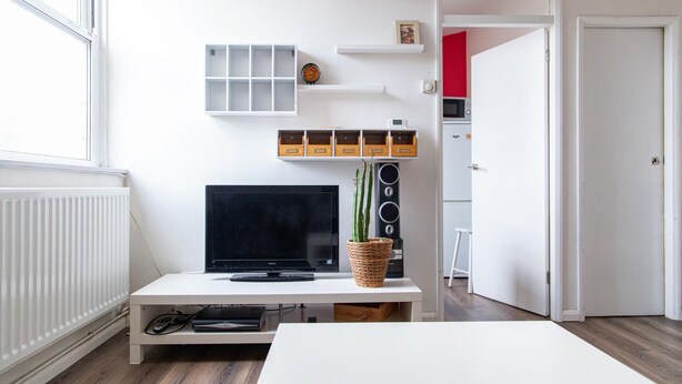 Ein modernes Wohnzimmer mit einem Flachbildfernseher auf einem weißen TV-Schrank, einer kleinen Topfpflanze und einem weißen Couchtisch.