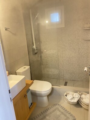 Shower, hair dryer, towels, soap