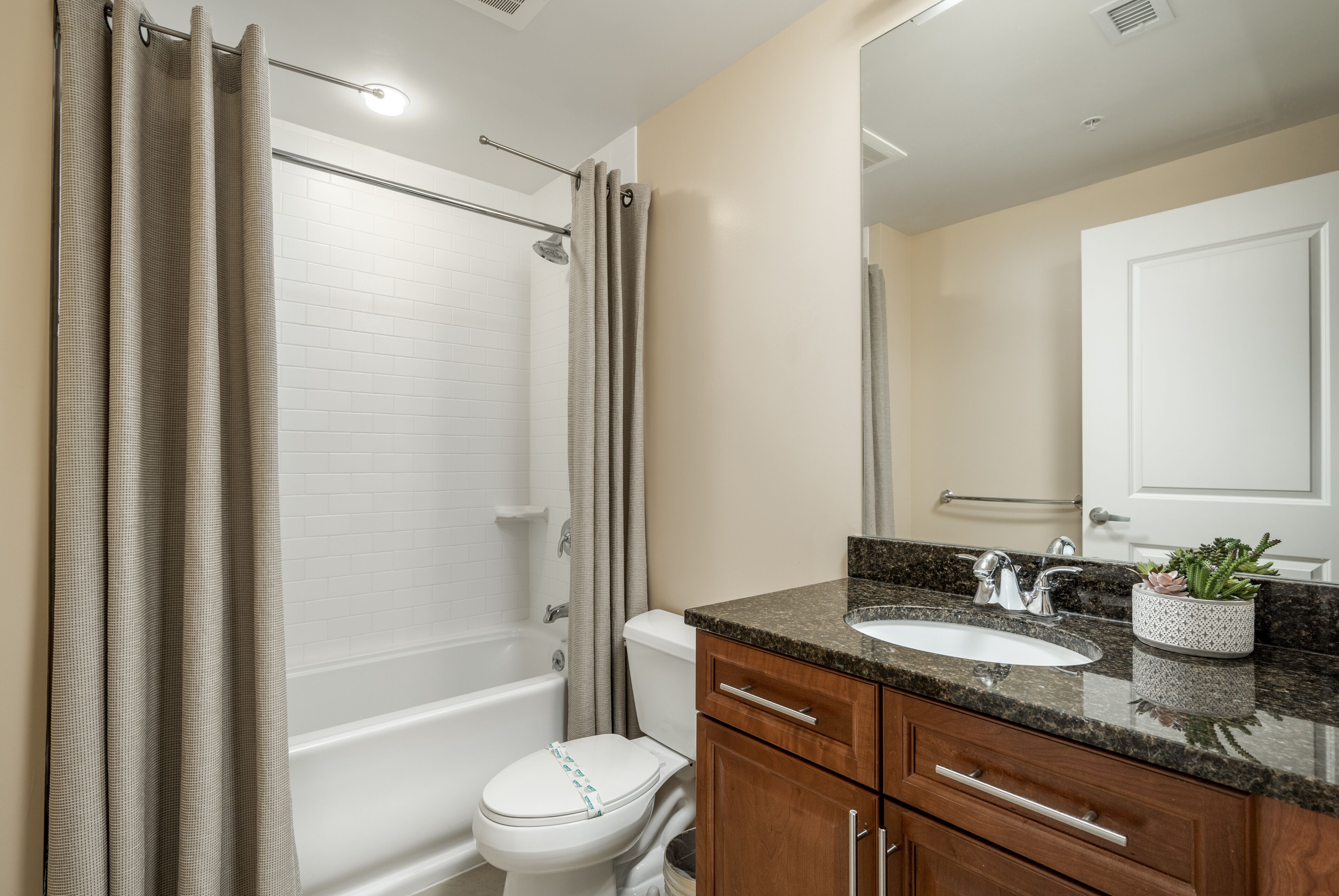 A bathroom with a bathtub, toilet, vanity with a sink, and a mirror.
