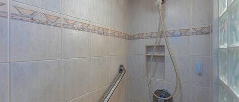 Ducha con cabezal de ducha manual, barra de apoyo y pared de azulejos con detalle decorativo.