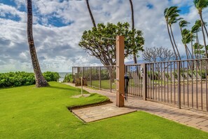 Una entrada con puerta protegida, un camino que lleva a un área de descanso, palmeras y vista al océano.
