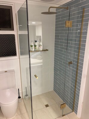Dusche, Haartrockner, Handtücher, Seife