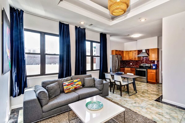 Basic Apartment, Multiple Beds | Living area | Smart TV - Retreat in a Stylish 2BD Apartment in the Heart of the City (Philadelphia)